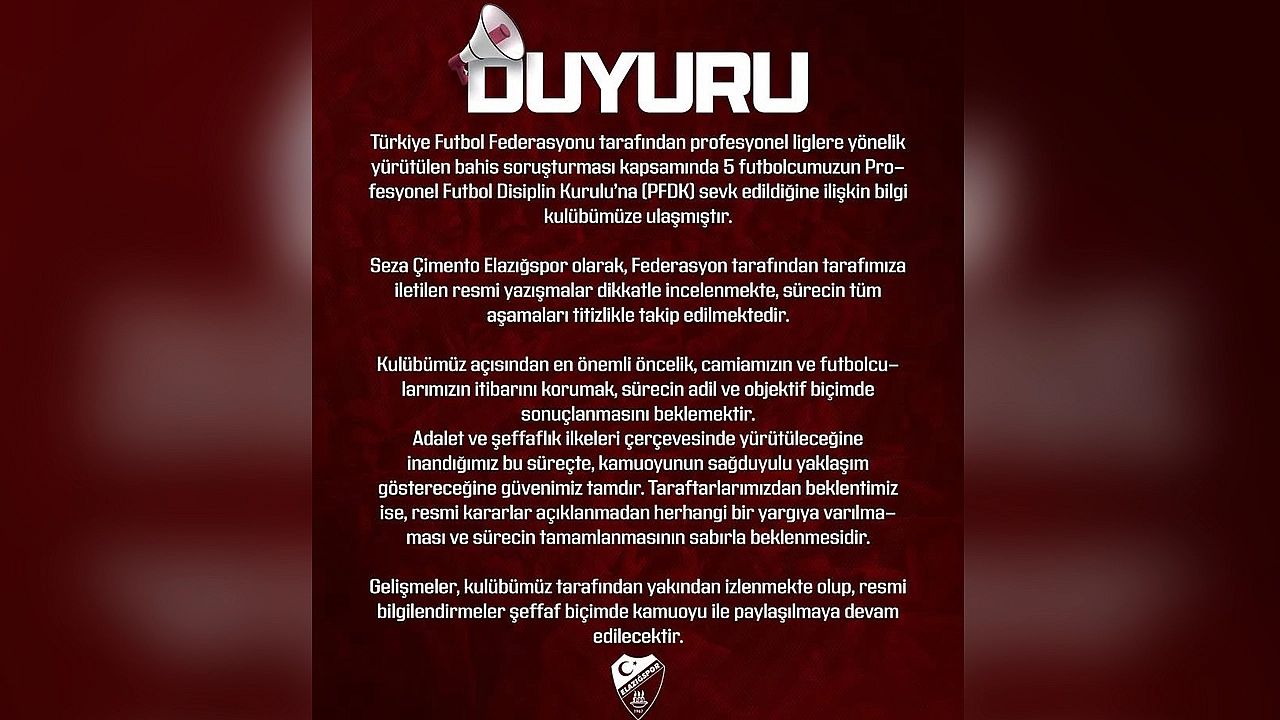 Elazığspor'dan bahis soruşturmasına dair açıklama