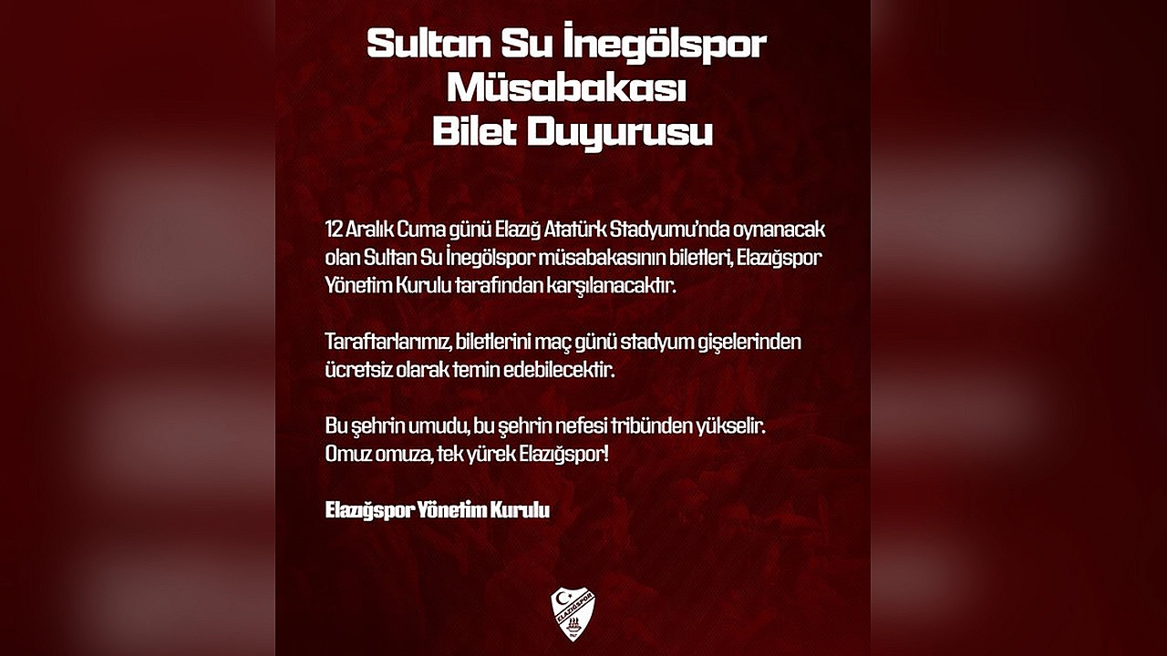 Elazığspor'dan taraftara büyük jest: Biletler ücretsiz olacak