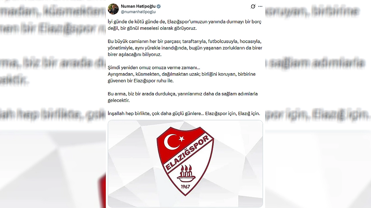 Vali Hatipoğlu'ndan Elazığspor'a Birlik ve Dayanışma Mesajı