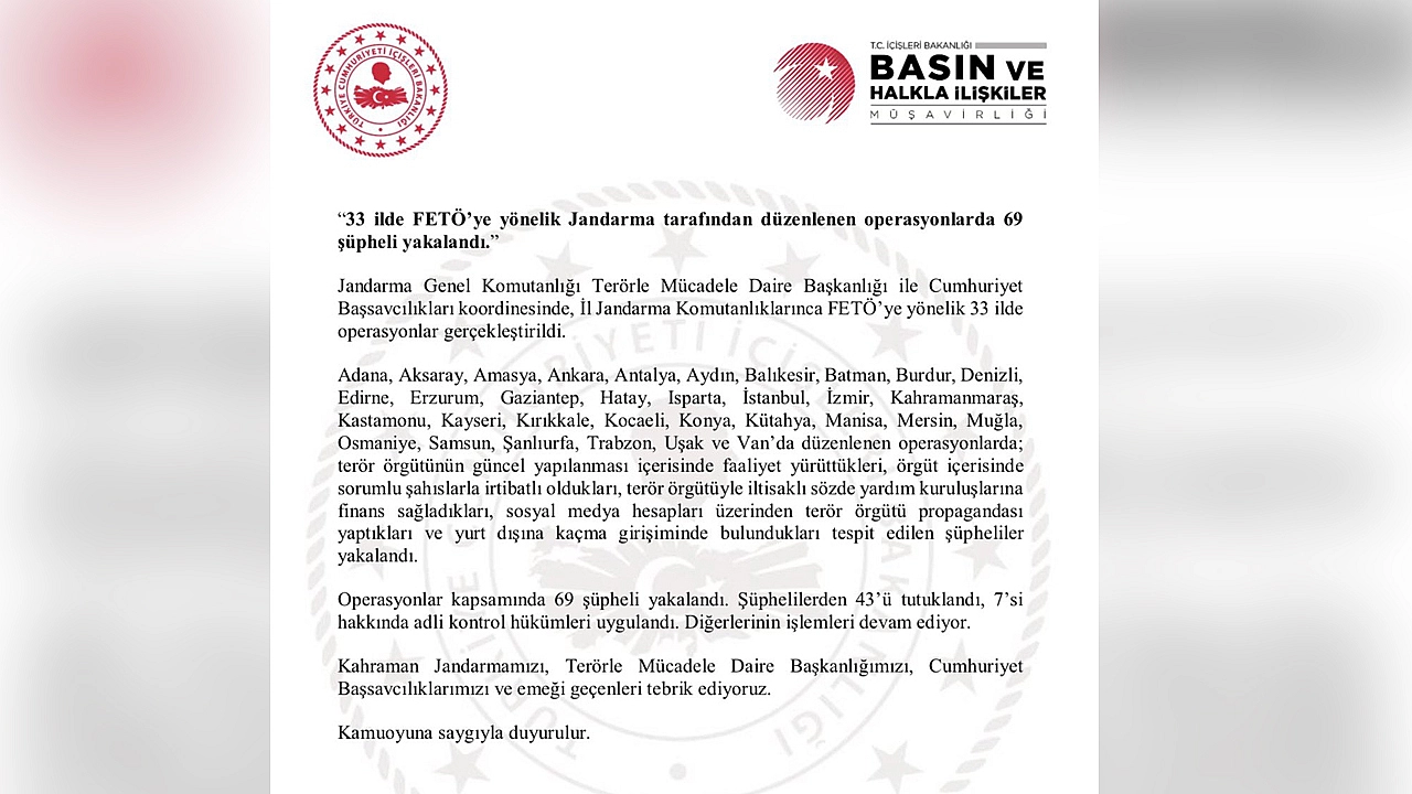 33 ilde FETÖ operasyonu: 69 şüpheli yakalandı