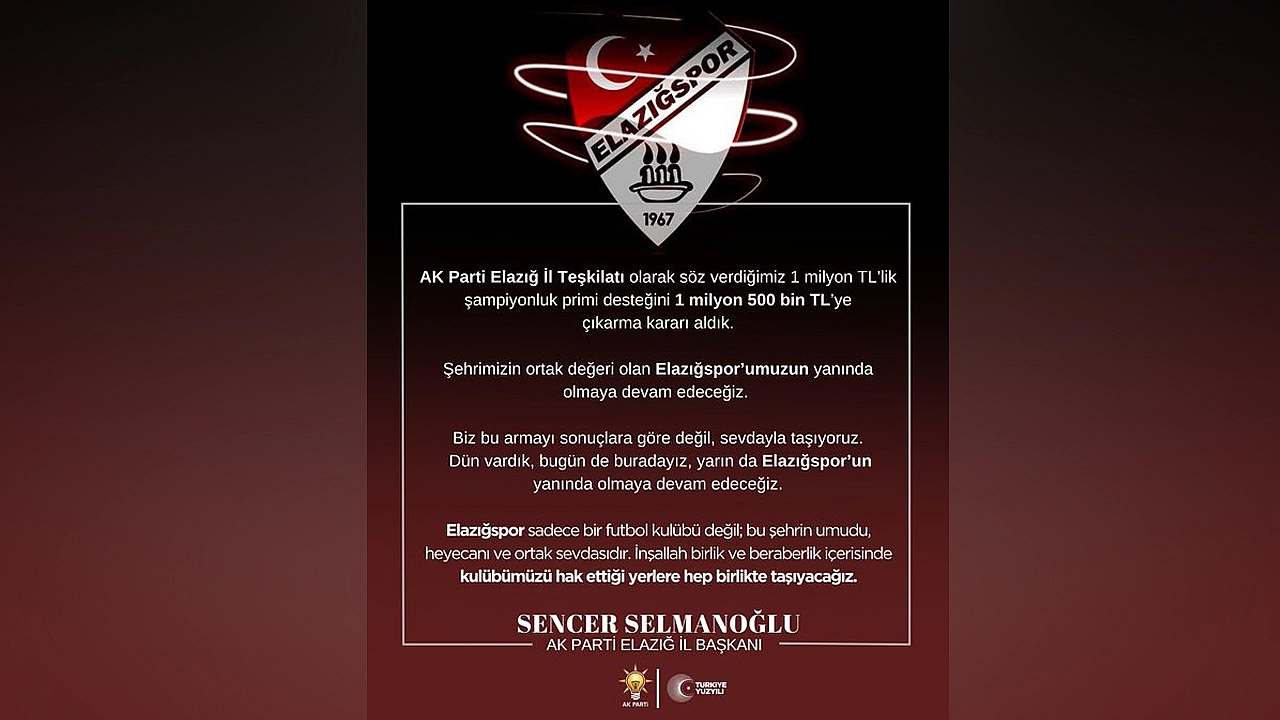 Selmanoğlu açıkladı: Elazığspor'a Şampiyonluk Primi 1,5 Milyon TL oldu