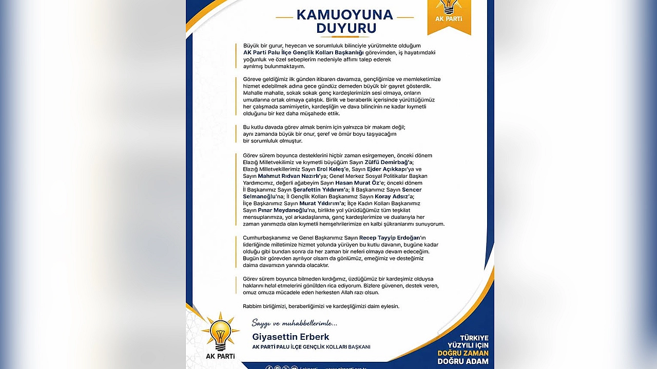 Giyasettin Erberk, AK Parti Palu İlçe Gençlik Kolları Başkanlığı'ndan istifa etti