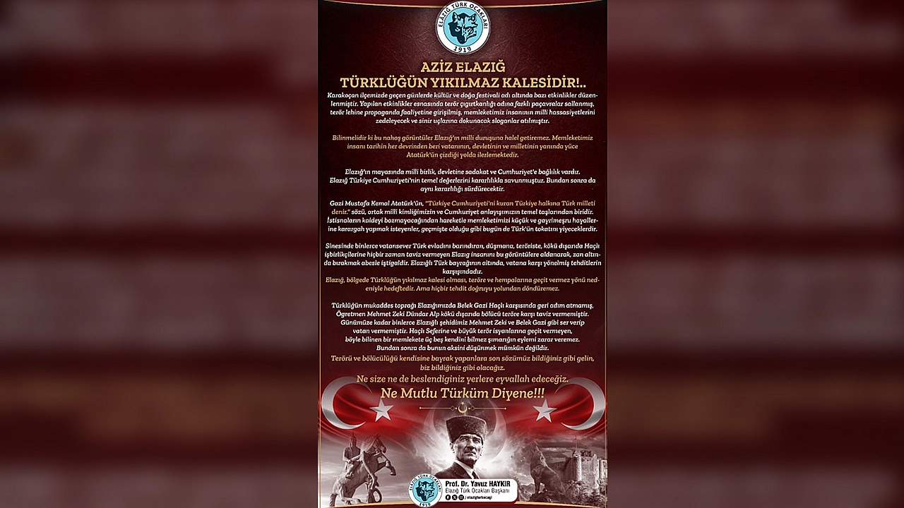 Aziz Elazığ Türklüğün yıkılmaz kalesidir…