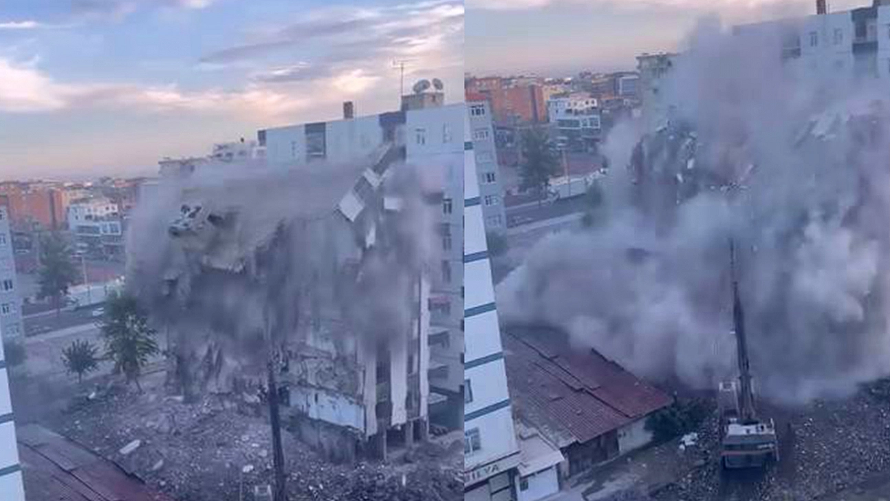 Diyarbakır'da ağır hasarlı 8 katlı bina tek dokunuşta yerle bir oldu