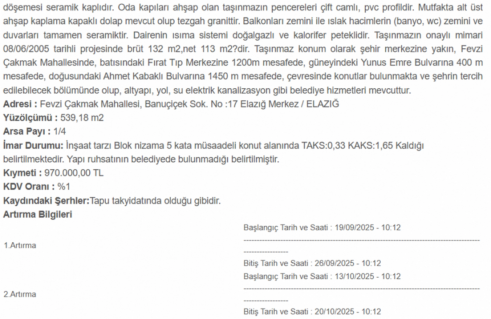 Elazığ'da 3+1 daire icradan satışa çıkıyor! 970 bin TL'ye satılacak... İşte şartlar
