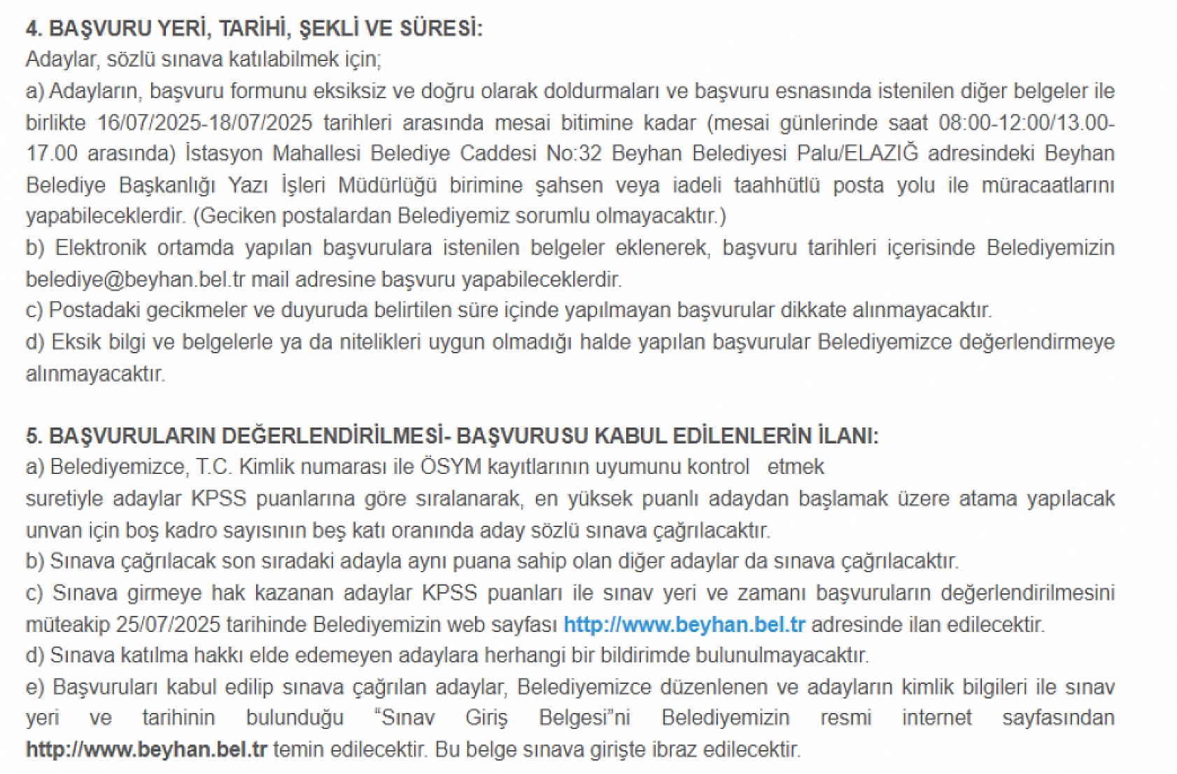 Elazığ'da belediye personel alımı yapacak: Başvurular 16-18 Temmuz tarihleri arasında