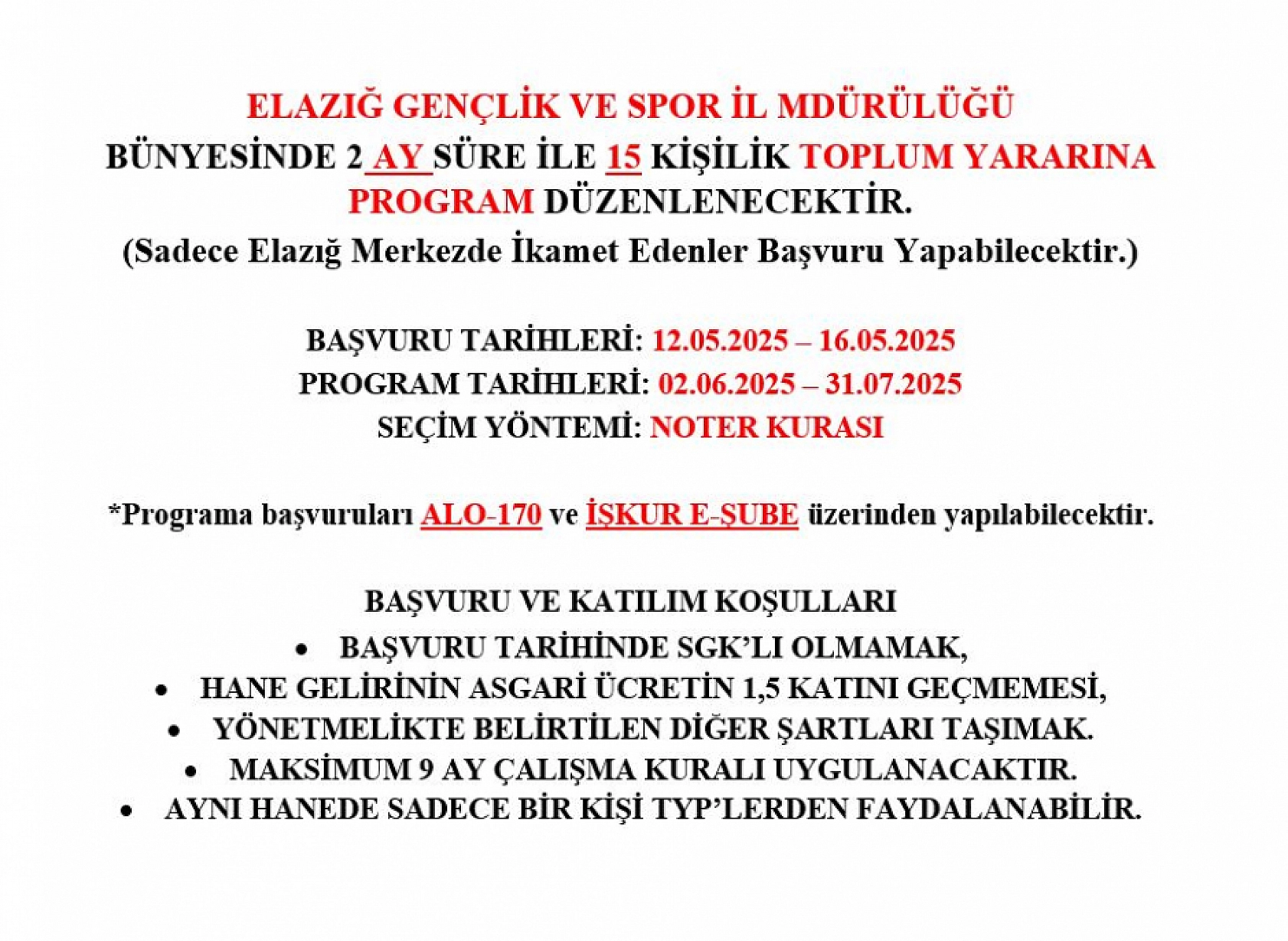 Elazığ'da iş arayanlara müjde: Gençlik ve Spor İl Müdürlüğü 15 kişilik TYP programı başlattı