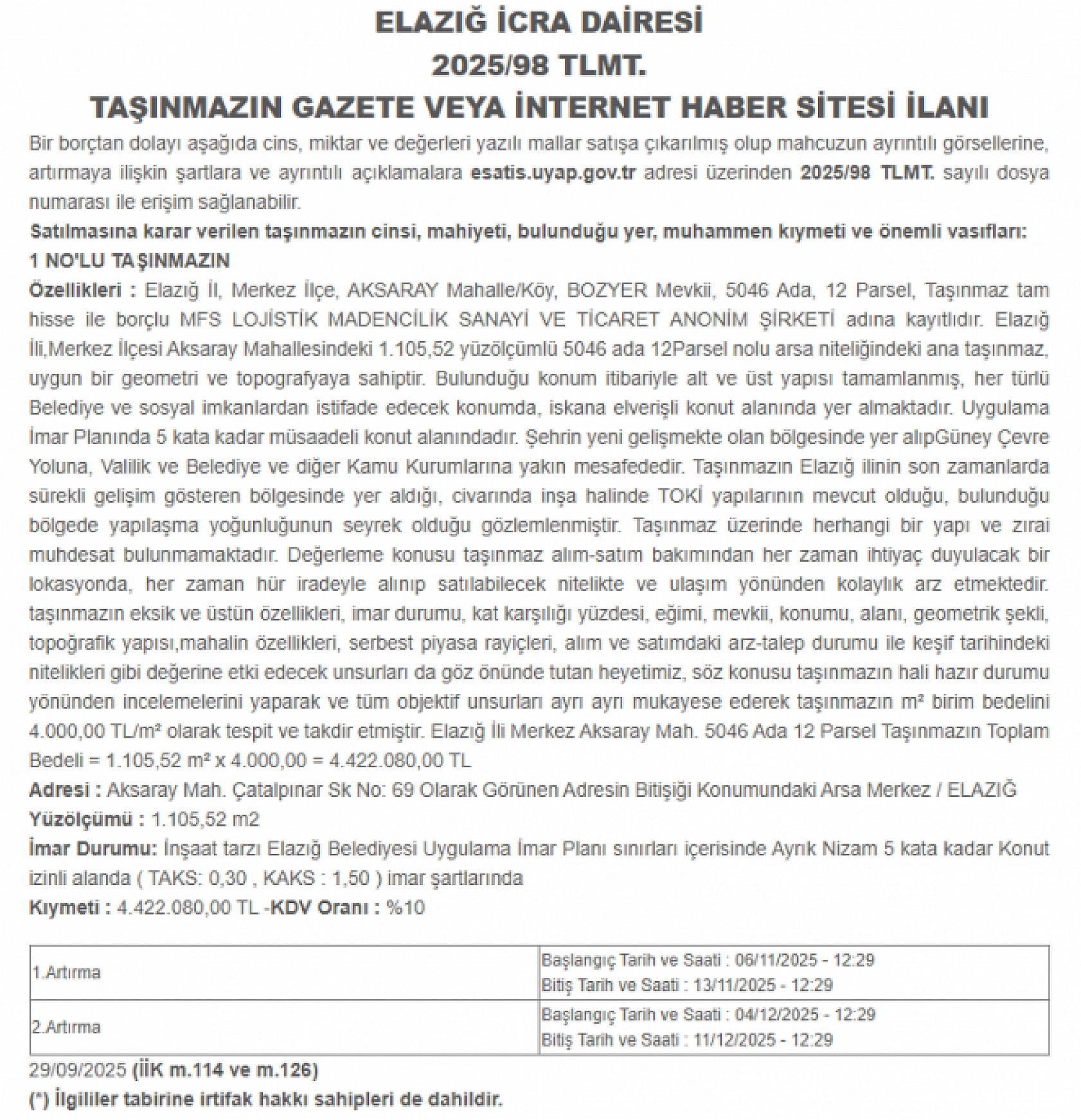 Elazığ'da icradan satılık arsa! Fiyatı görenler şaşırıyor