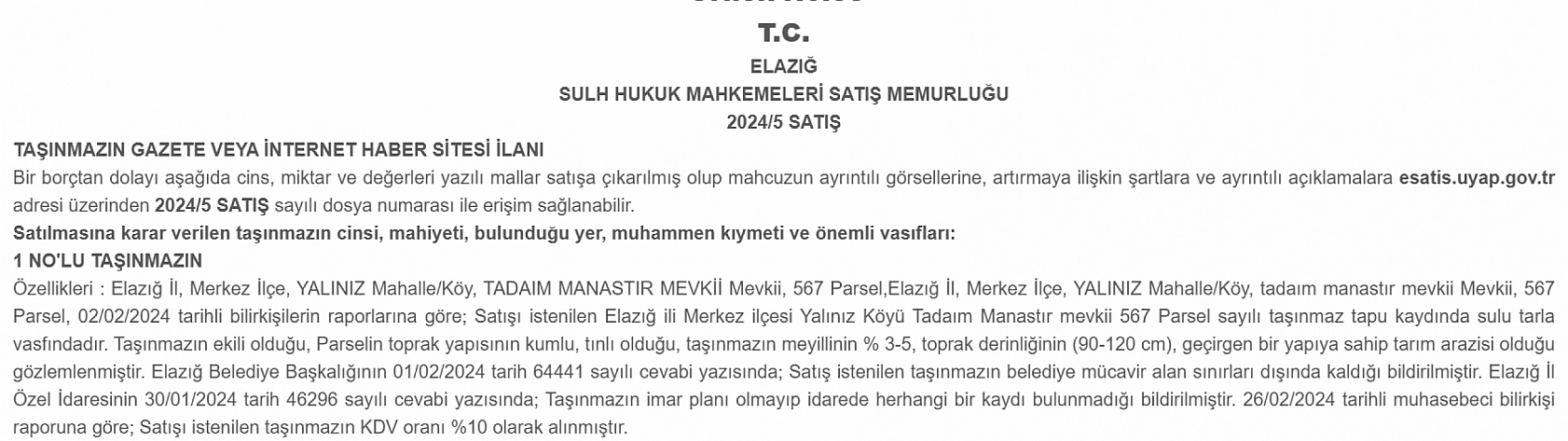 Elazığ'da 2.400 metrekarelik tarla 1.4 milyon TL satışa çıkarıldı! Kaçırılmayacak fırsat için son tarih belli oldu