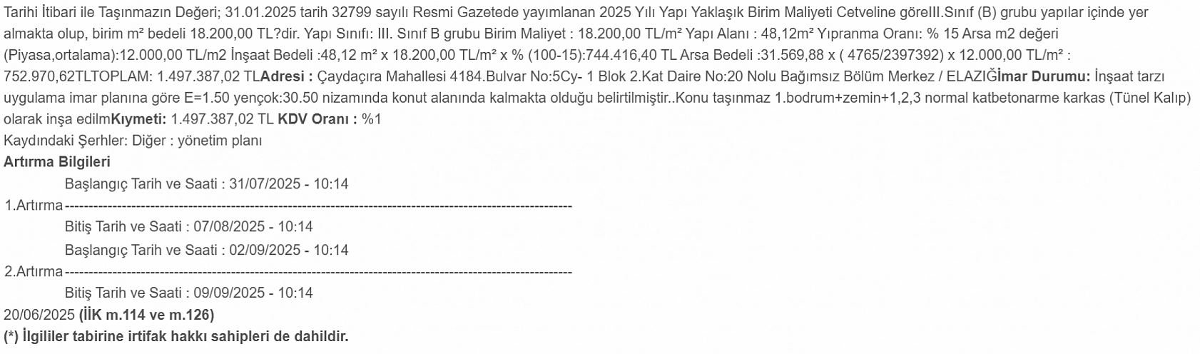 Elazığ'da icradan satılık daire: 1 Milyon 497 bin TL muammen bedelle ihaleye çıkıyor