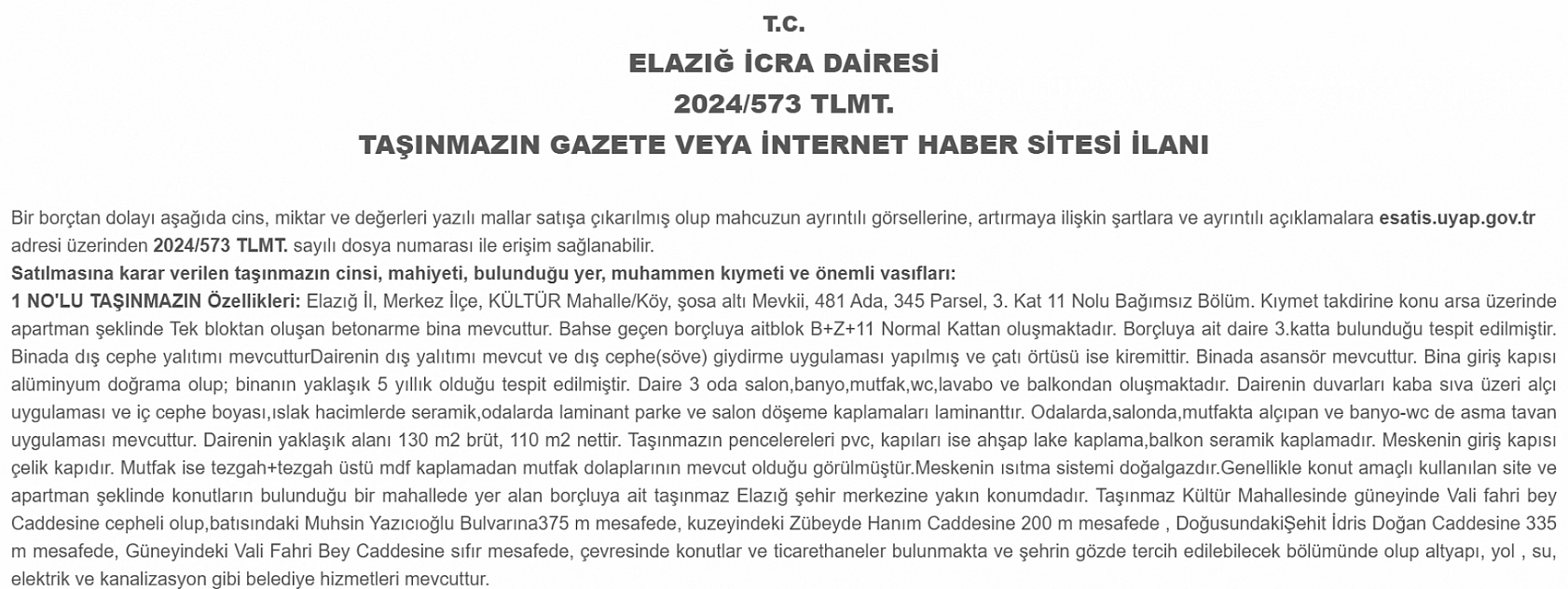 Elazığ'da icradan satılığa çıkarıldı! Daire Elazığ merkezde bulunuyor