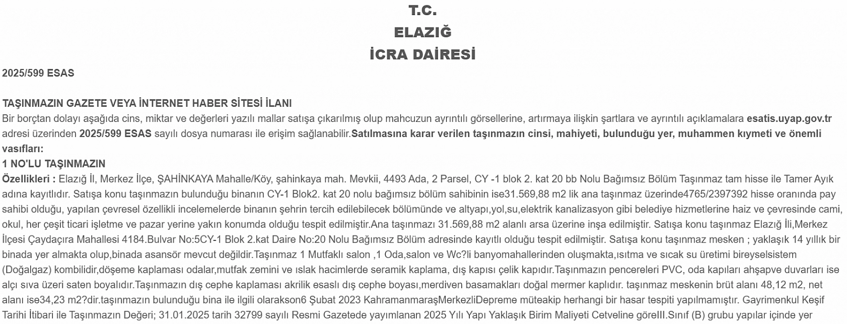 Elazığ'da icradan satılık daire: 1 Milyon 497 bin TL muammen bedelle ihaleye çıkıyor