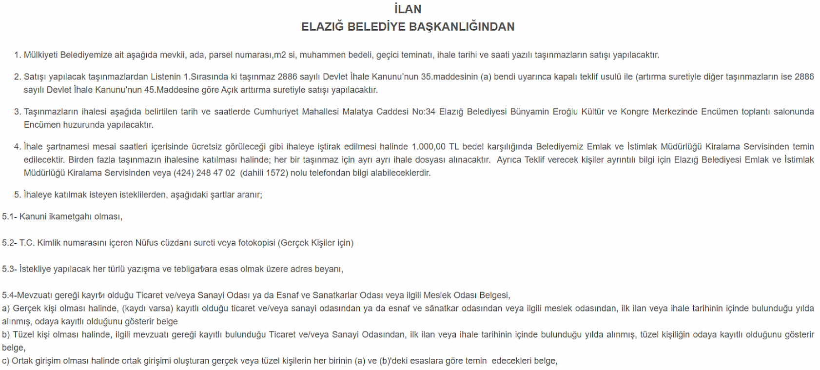Kaçıran üzülür! Elazığ Belediyesi 25 taşınmazı ihaleye çıkarıyor (İŞTE TAM LİSTE)