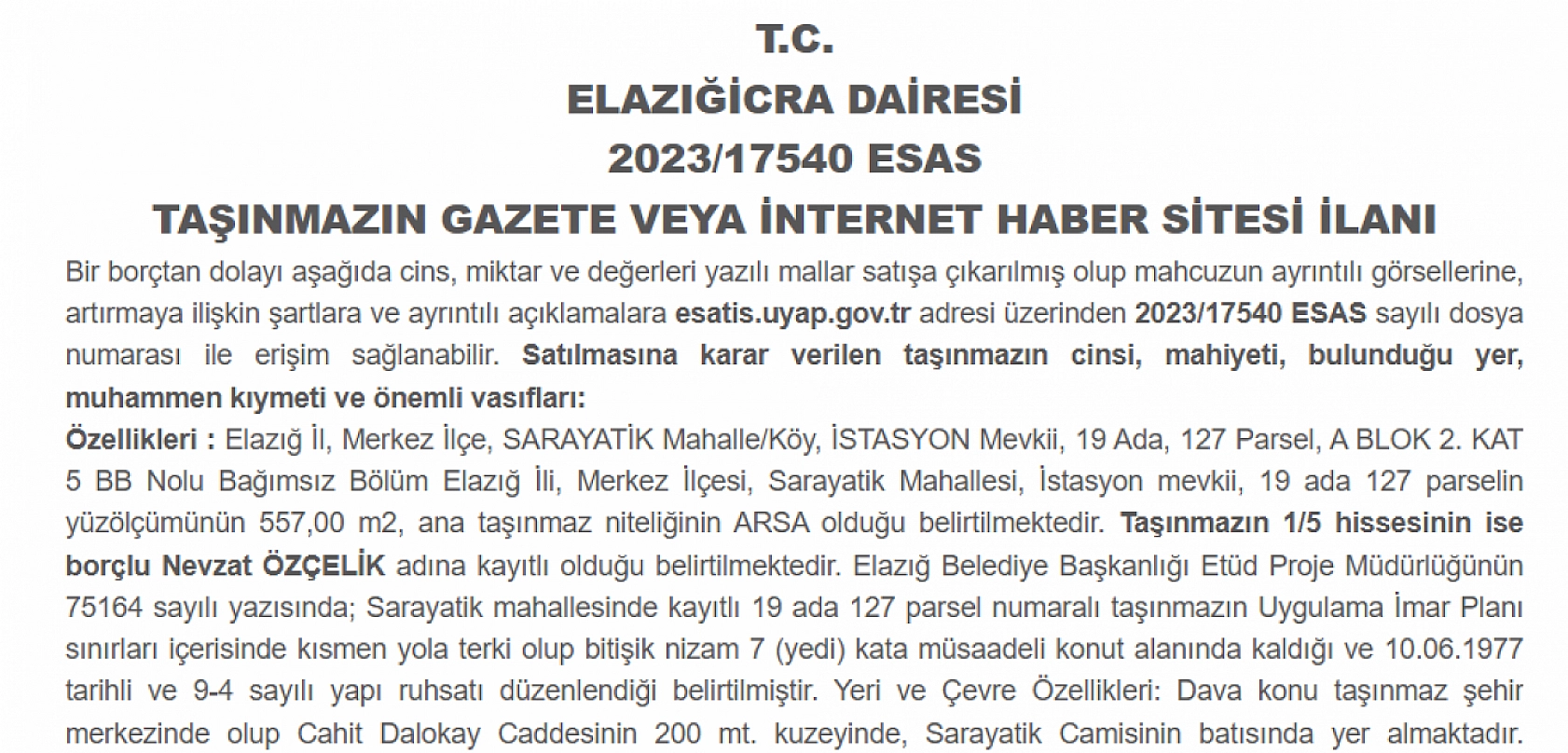 Elazığ'da 7 kat imarlı arsa uygun fiyata satışta! 1 Milyon 336 Bin TL'ye icradan satışa çıkarıldı
