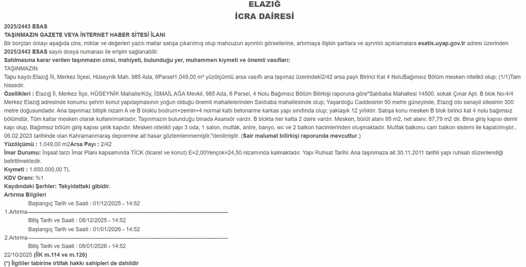 Elazığ'da icradan fırsat daire! Elazığ'da merkezi konumda 1 milyon 600 bin TL'ye arsa satılacak…