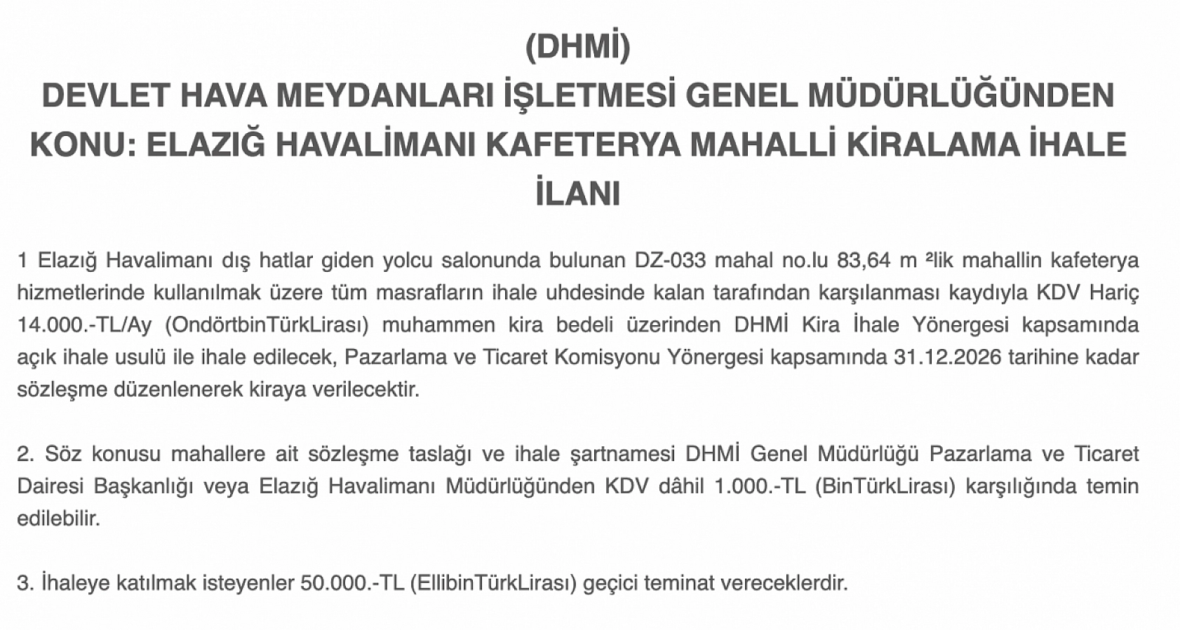 Elazığ Havalimanı'nda kafeterya kiraya verilecek! 83 metrekarelik alan ihale edilecek