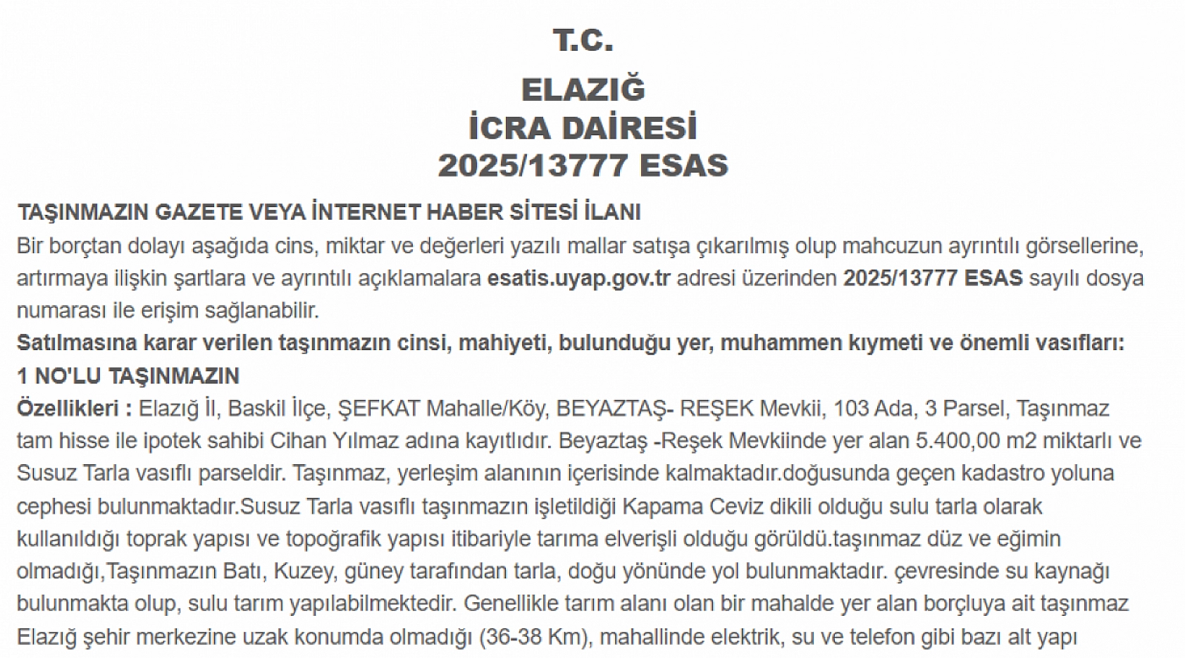 Elazığ'da dev tarla ihaleye çıktı! Sulu bahçe vasıflı arazi 31 Aralık'ta ihaleye çıkıyor… Ceviz ağaçları var