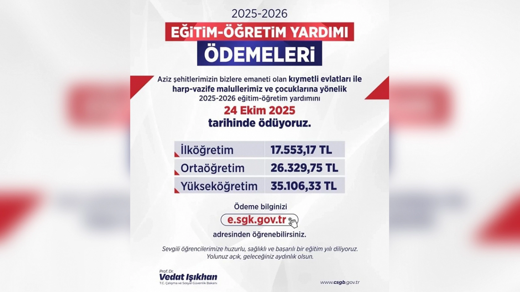 Bakan Işıkhan'dan öğrencilere eğitim desteği müjdesi