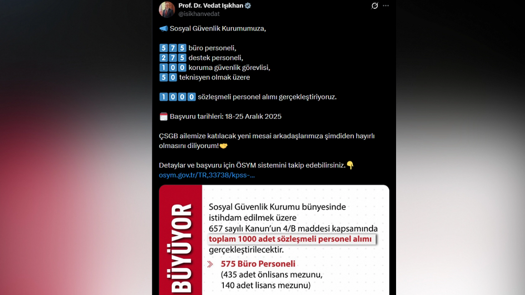 Bakanlık müjdeyi duyurdu! 1000 personel alımı gerçekleştirilecek