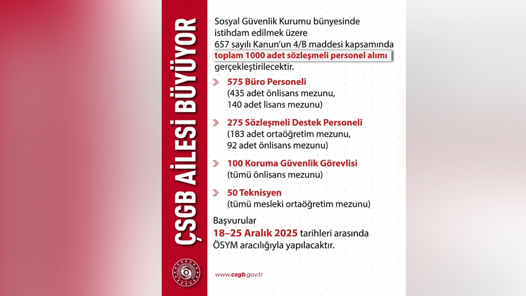 Bakanlık müjdeyi duyurdu! 1000 personel alımı gerçekleştirilecek