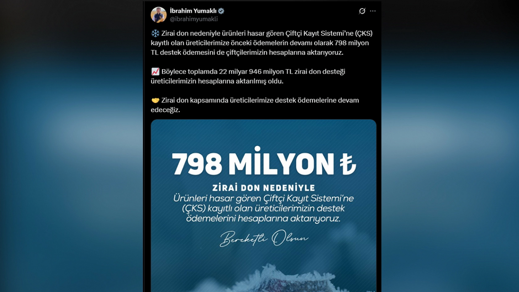 Zirai don mağduru çiftçilere dev destek: 798 milyon TL ödendi