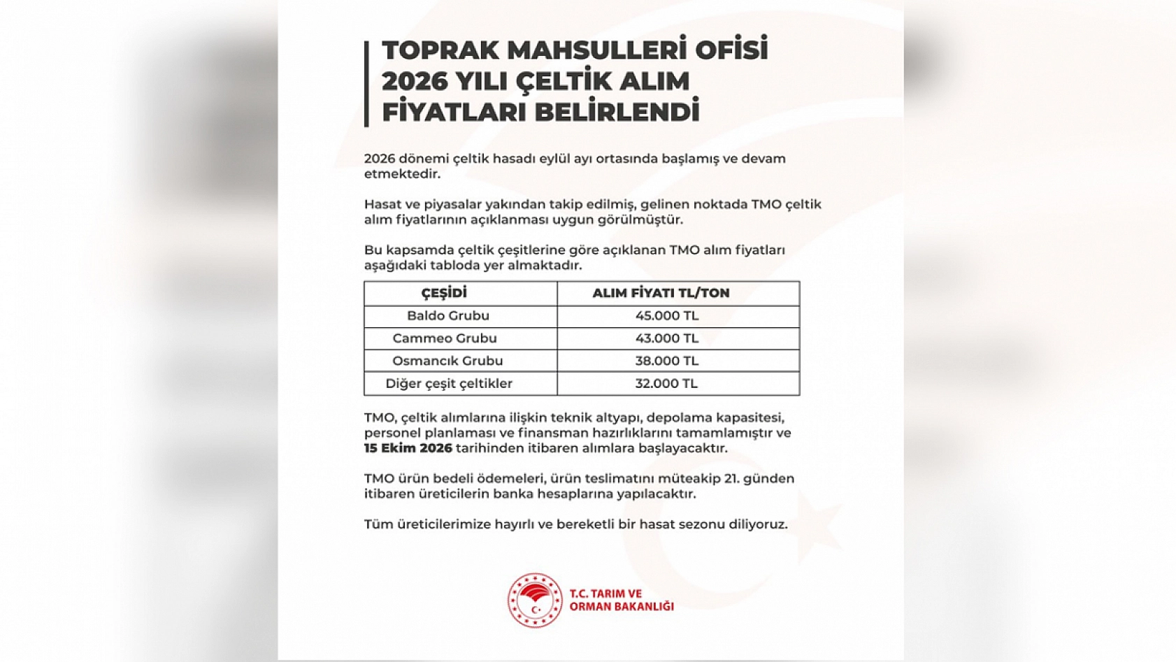 2026 yılı çeltik alım fiyatları açıklandı