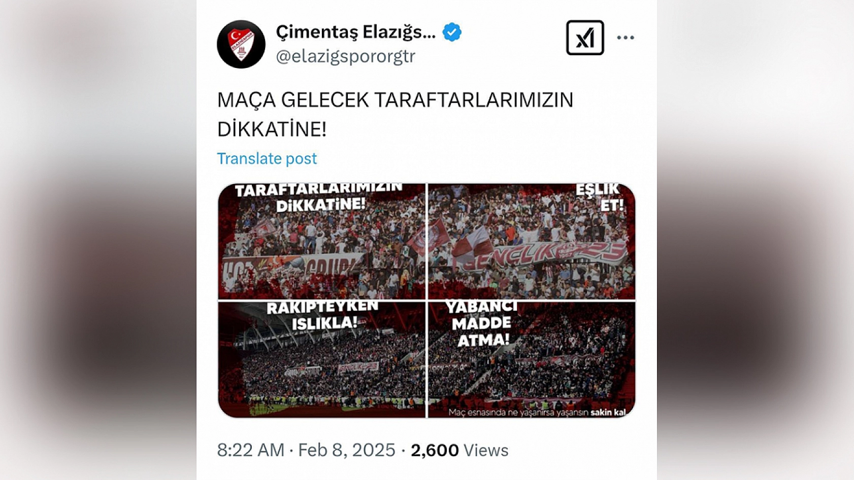Elazığspor: Maça gelecek taraftarlarımızın dikkatine!