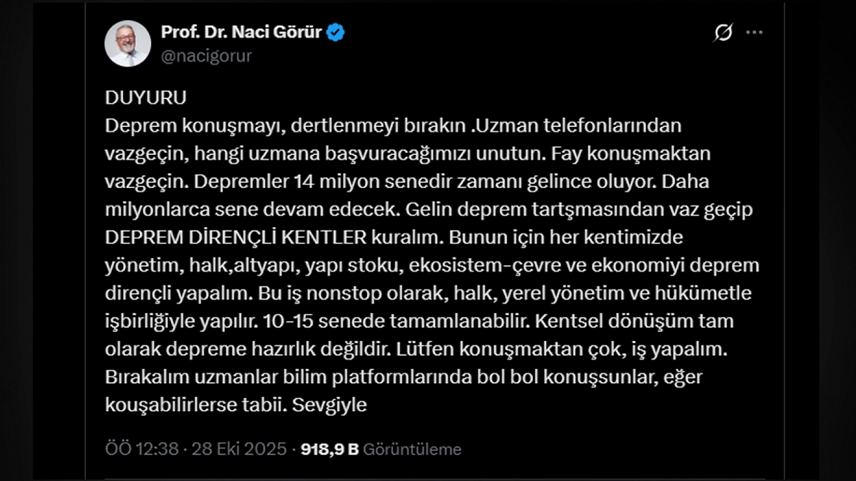 Prof. Dr. Görür'den deprem çağrısı!
