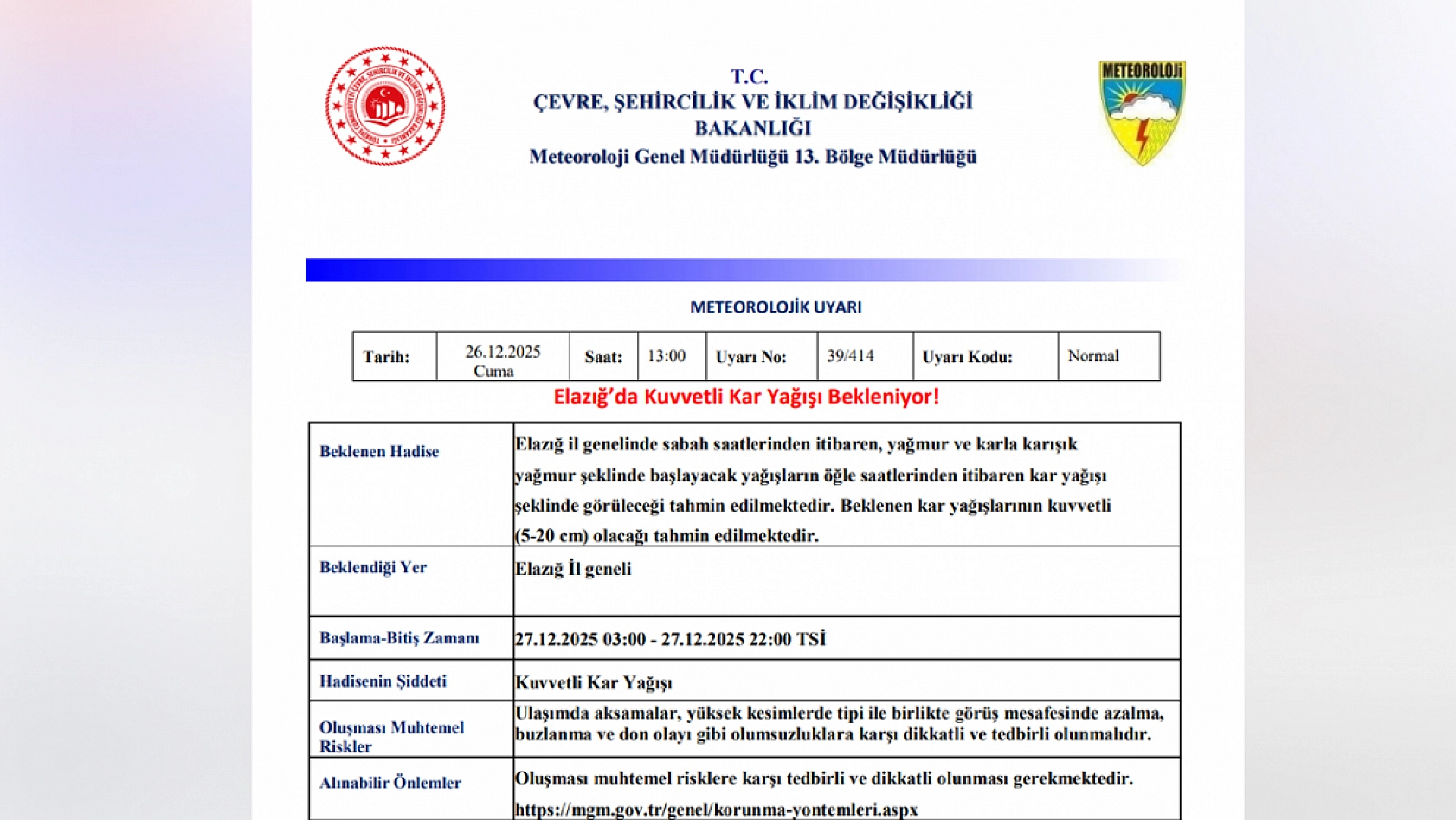 Elazığ'da kuvvetli kar yağışı uyarısı: Meteoroloji dikkatli olun çağrısı yaptı