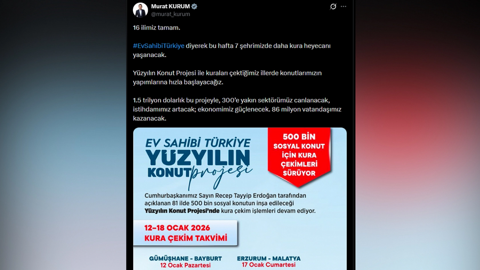 500 bin Sosyal Konut Projesi'nde kura çekimleri devam ediyor