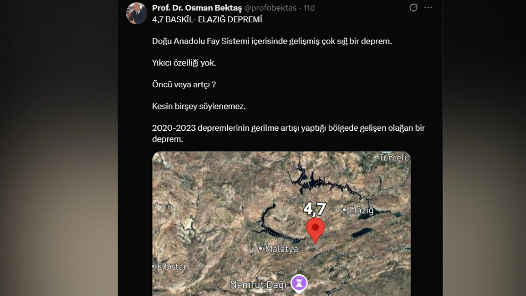 Bektaş'tan Baskil depremi sonrası açıklama geldi