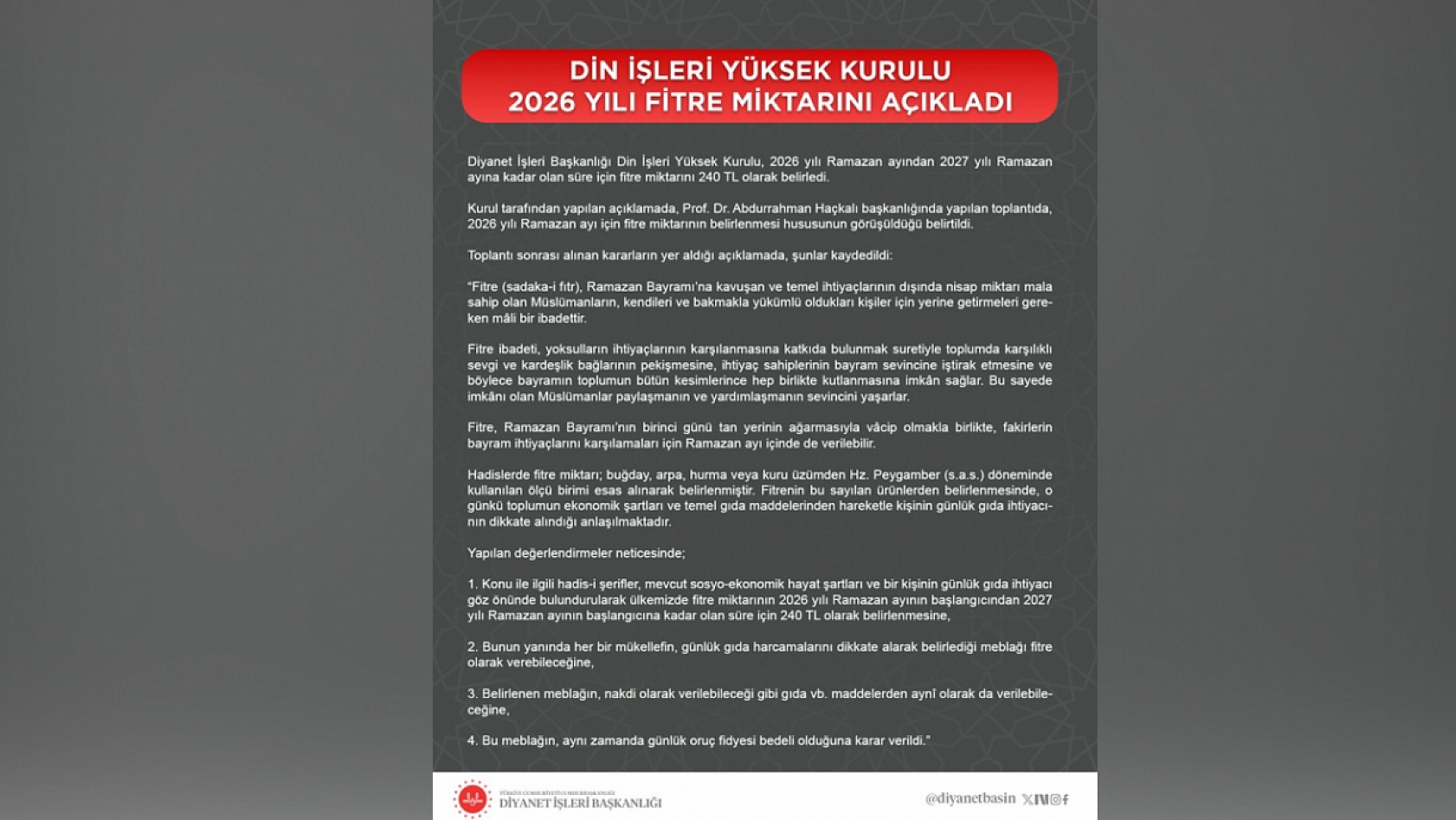 2026 yılı fitre miktarı açıklandı