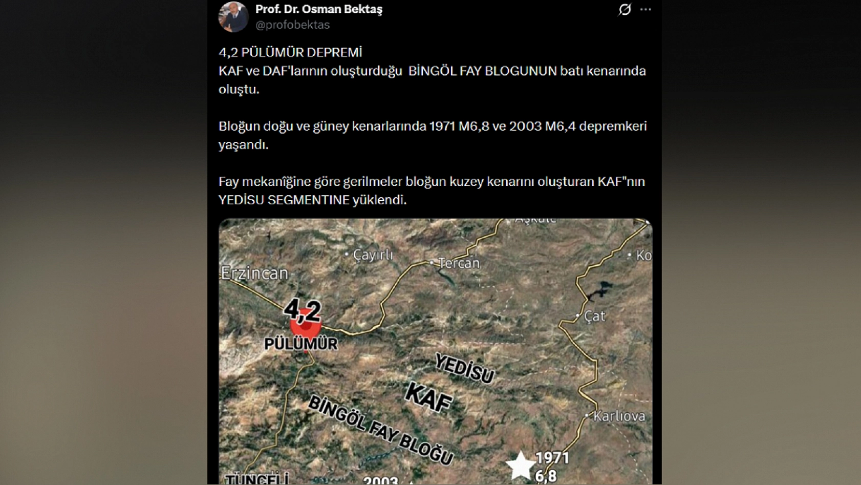 Prof. Bektaş: Pülümür depremi gerilmeyi Yedisu segmentine yükledi