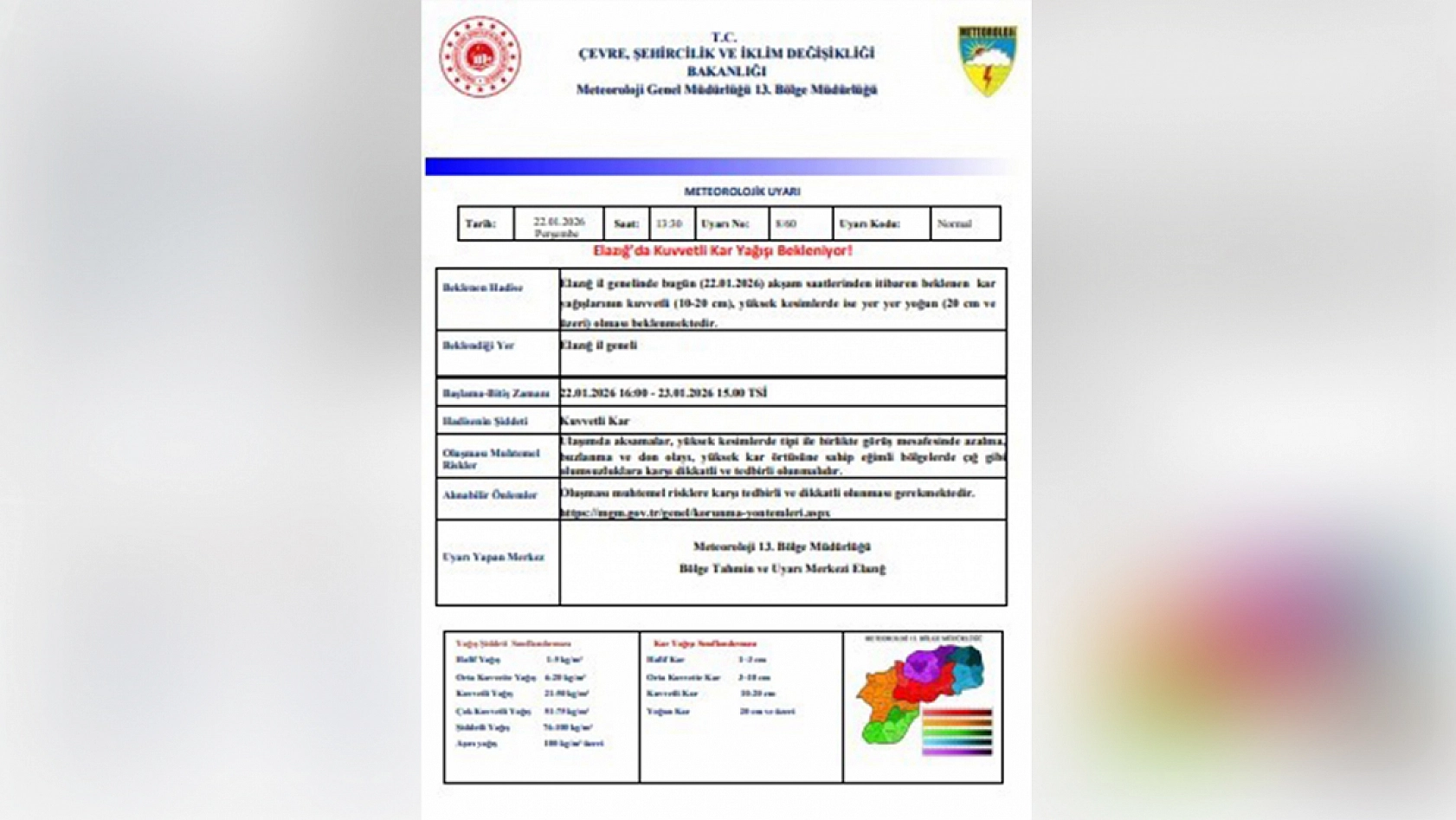 Elazığ'da yoğun kar yağışı alarmı