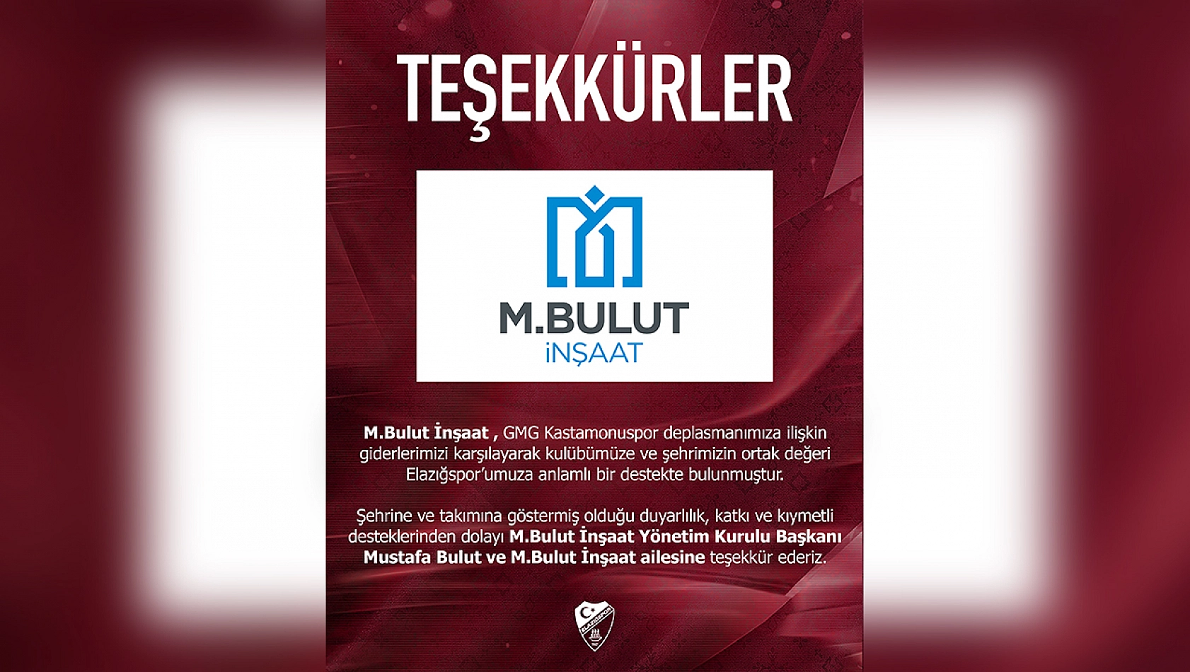 M. Bulut İnşaat'tan Elazığspor'a deplasman desteği