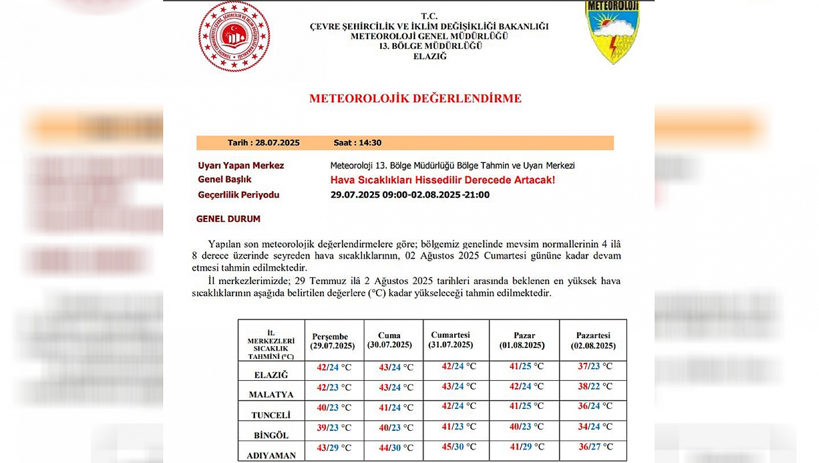 Meteorolojiden Elazığ ve çevre illere kritik uyarı