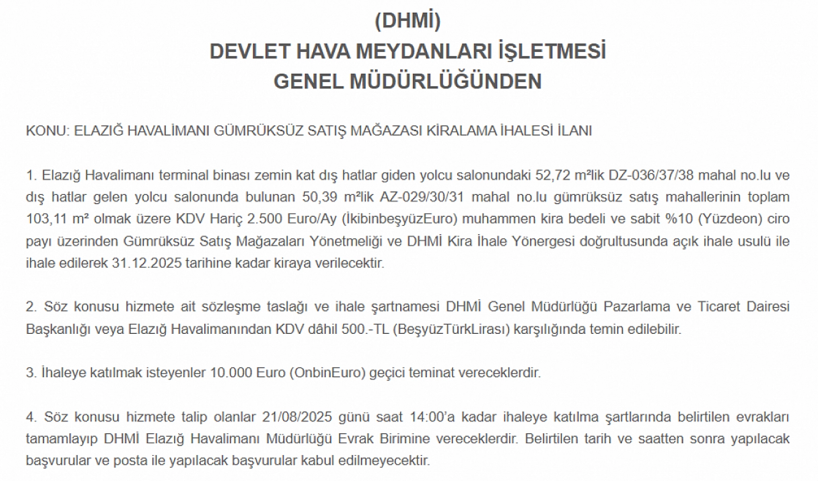 Elazığ Havalimanı'nda büyük fırsat: Havalimanı içinde mağaza kiraya veriliyor!