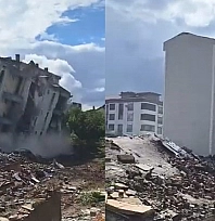 Elazığ'da ağır hasarlı bina, tek dokunuşla yerle bir oldu
