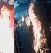 Motosikletteki yangına yanıcı maddeyle müdahale edince alevlerin arasında kaldılar