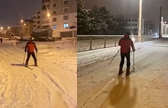 Elazığ'da kar sonrası caddede kayak keyfi