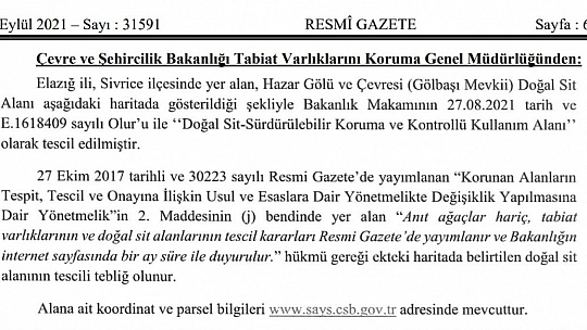 Hazar Gölü Gölbaşı Mevkii Doğal Sit Alanı İlan Edildi