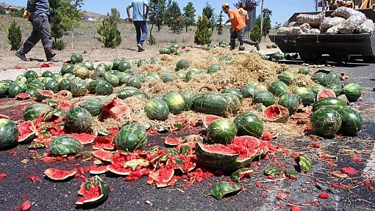 Elazığ'da kamyon devrildi karpuzlar yola saçıldı, ekipler ve vatandaşlar yardıma koştu