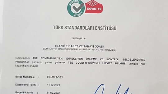 Elazığ TSO 'TSE Covid-19 Güvenli Hizmet Belgesi' Aldı