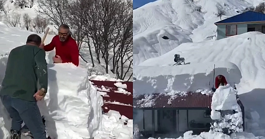 Yoğun yağış nedeniyle evler kara gömüldü,karlar kütleler halinde atıldı