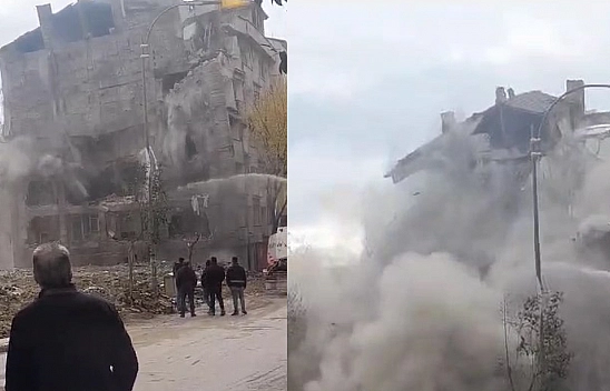 Elazığ'da Ağır Hasarlı Bina Tek Dokunuşla Yıkıldı
