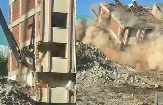 Elazığ'da ağır hasarlı bina tek dokunuşla yıkıldı