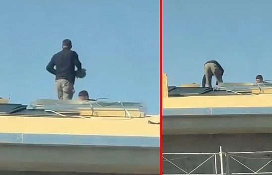 Elazığ'da çatıdaki işçilerin tehlikeli çalışması yürekleri ağza getirdi