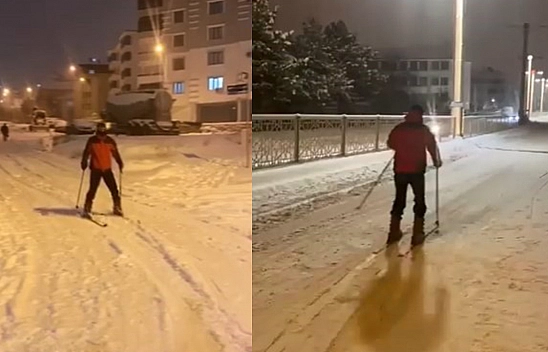 Elazığ'da kar sonrası caddede kayak keyfi