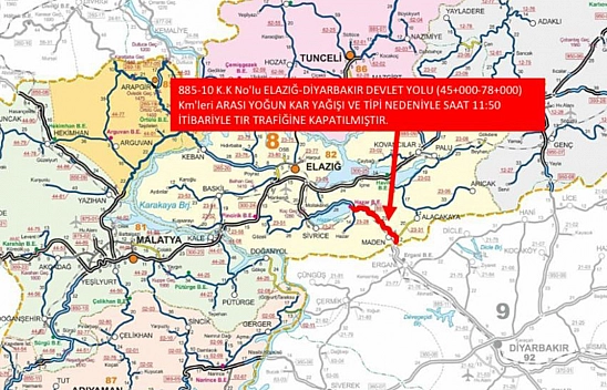 Elazığ–Diyarbakır yolunda ağır taşıtlara kar engeli