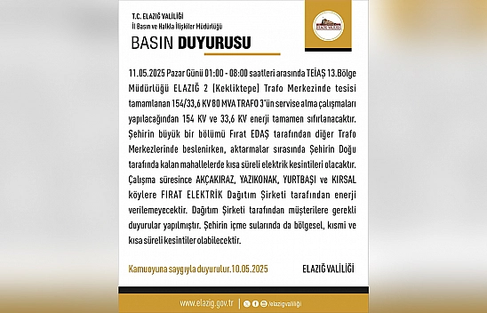 Elazığ Valiliği duyurdu! Elazığ'da elektrik kesintisi yaşanacak